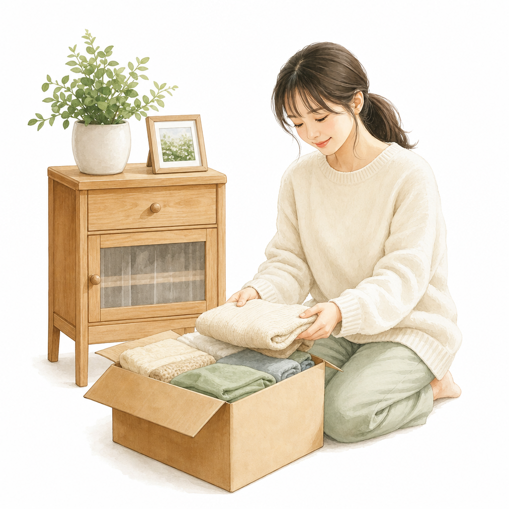 衣類をたたんで箱に片付ける女性のイメージ